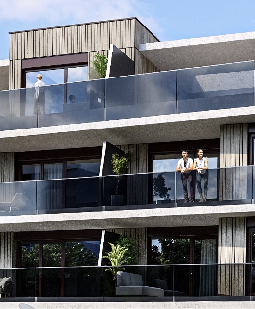 Hybrid-Holzbau mit umlaufenden Balkonen