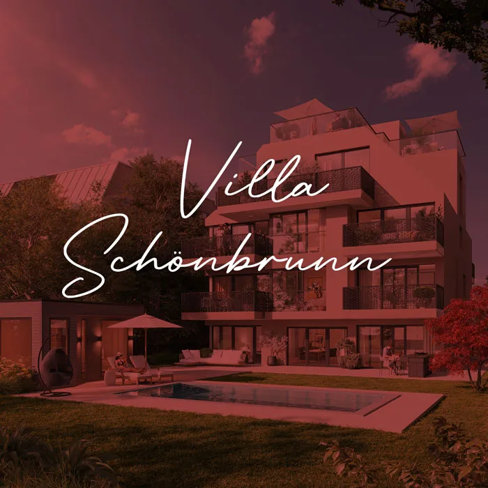 Auf rötlichem Hintergrund steht der Schriftzug "Villa Schönbrunn".