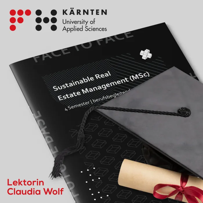 Auf dem Bild befindet sich das Logo der FH Kärnten und die Lehrunterlagen von Dozentin Claudia Wolf von Die Wölfe Immobilienmarketing GmbH.