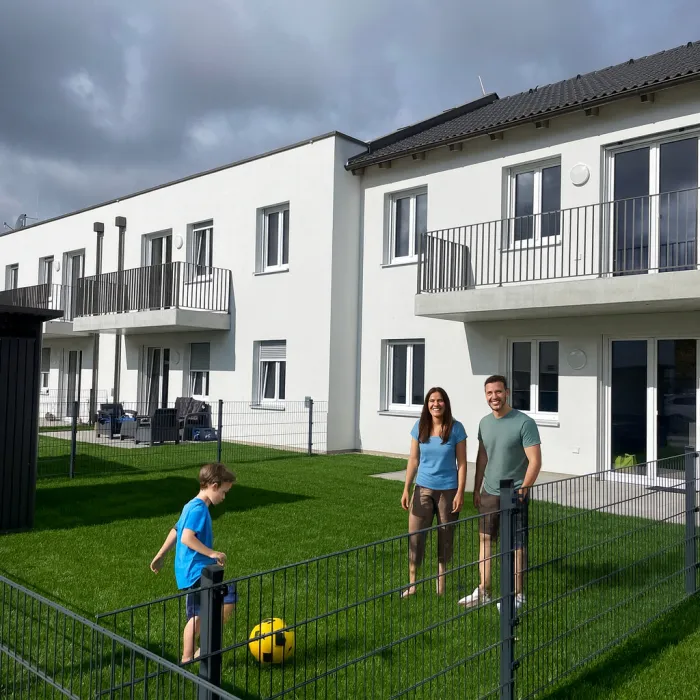 Familie im neuen Eigenheim mit Garten