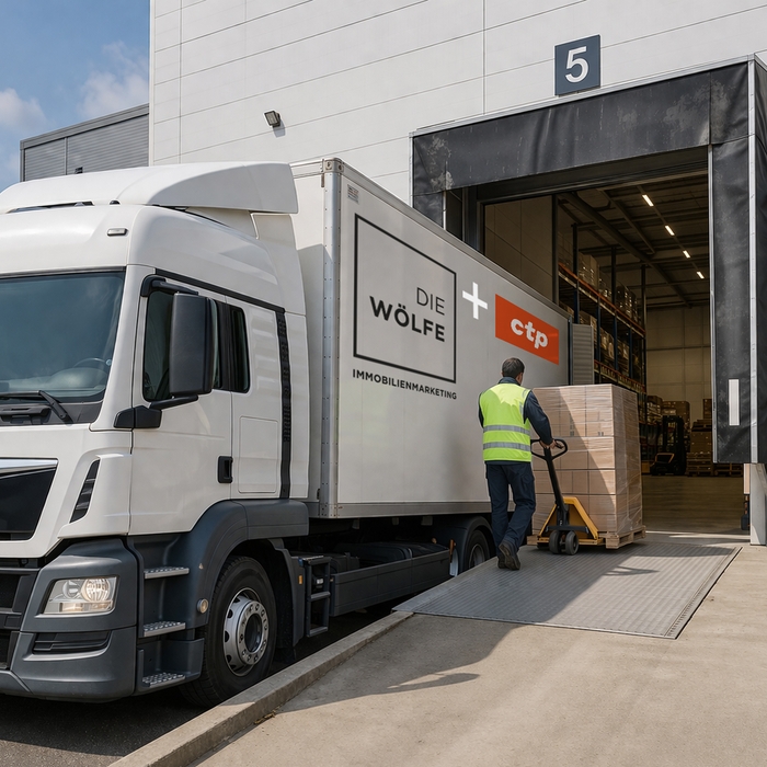 Dock mit LKW im Gewerbepark